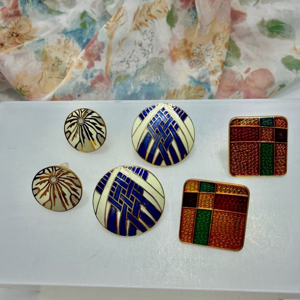 Retro  Blue and Gold Geometric Enamel pierced Earrings Set #326CE